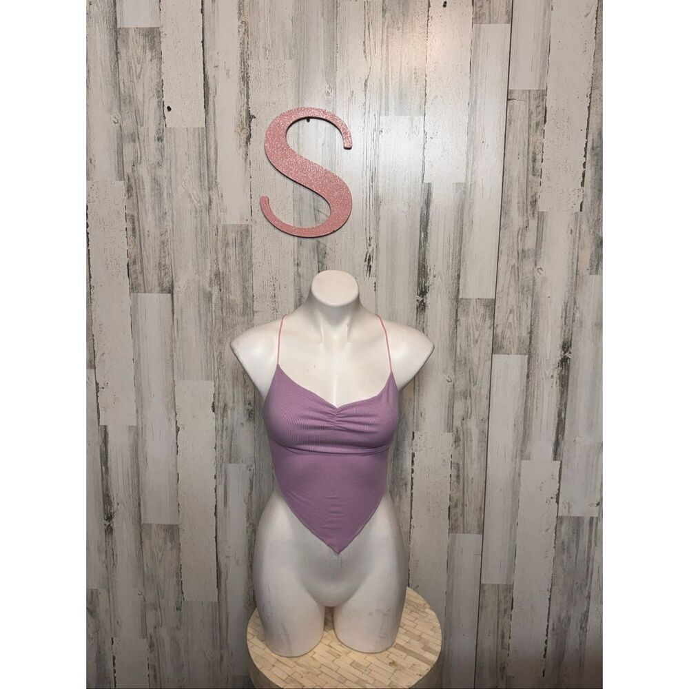 Lavender Ribbed Lace Up Back Bodysuit Size Small Purple Ruched Front One Piece